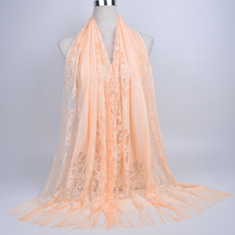Muslim headscarf Muslim Scarf Cover Solid Color Lace Hollowed Fringed Silk Scarf Women's Long Scarf Shawl_viptrois.com