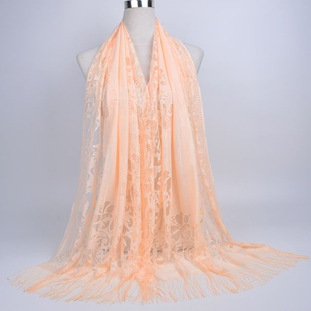 Muslim headscarf Muslim Scarf Cover Solid Color Lace Hollowed Fringed Silk Scarf Women's Long Scarf Shawl_viptrois.com