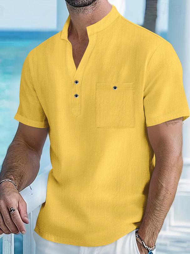 Men's New Stand-up Collar T-shirt Linen Short-sleeved Shirt Men's Casual Thin Section Loose Cotton Linen Blouse_viptrois.com