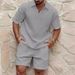 Men's Clothing Casual Trend Fashion Comfortable Waffle Solid Color Lapel Shirt Sports Suit_viptrois.com