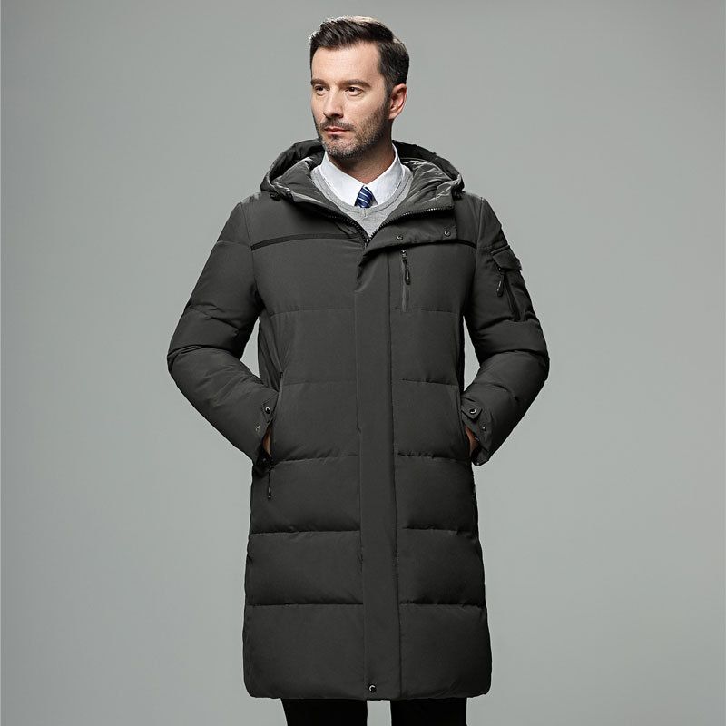 Men's Down Jacket Mid Length Thick White Duck Down Jacket Youth Hooded Down Windbreaker_viptrois.com