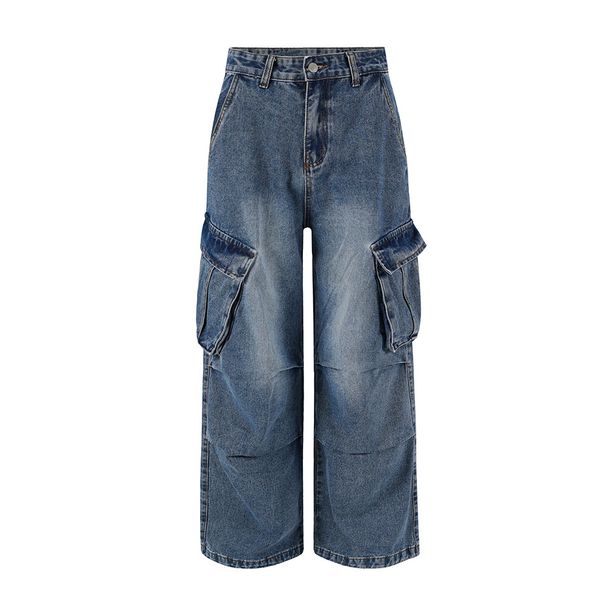 Trendy High Street Washed Denim Cargo Men's Multi-Pocket Design Wrinkled Vintage Loose Wide-Leg Pants_viptrois.com