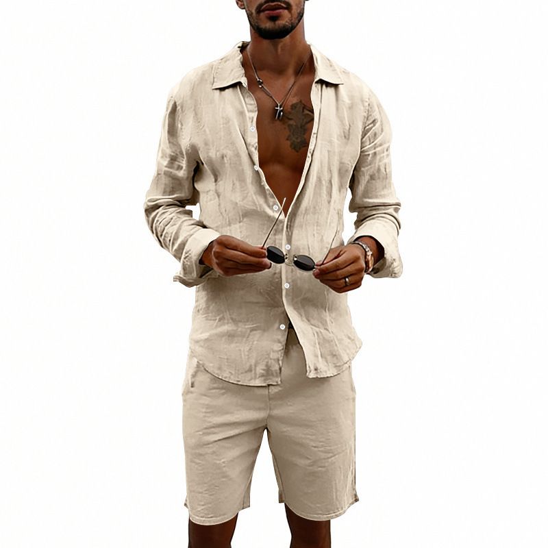 Men's Casual Linen Shirt And Beach Shorts Set Style Spring Autumn Vacation Loose Long Sleeve Clothing_viptrois.com