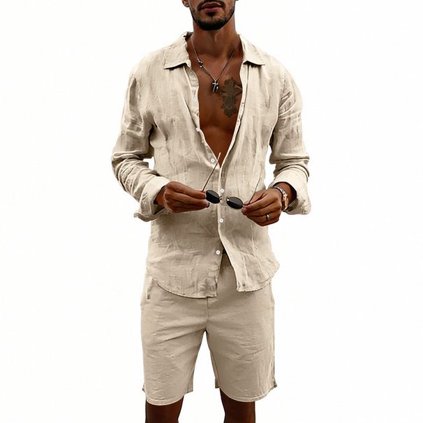 Men's Casual Linen Shirt And Beach Shorts Set Style Spring Autumn Vacation Loose Long Sleeve Clothing_viptrois.com