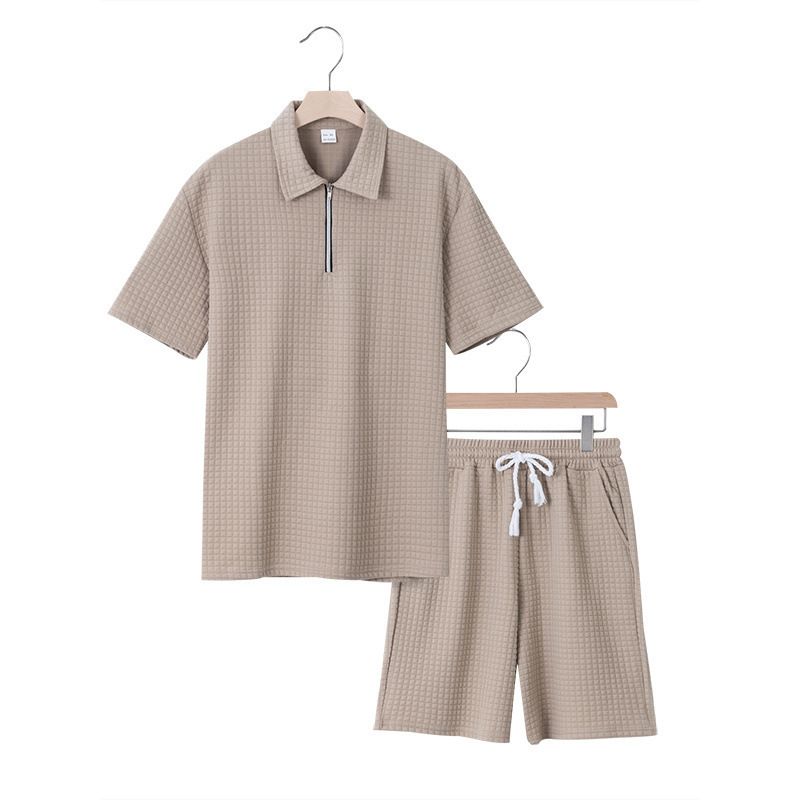 Men's Summer Casual Short Sleeve Polo Shirt & Shorts Set | Breathable Checkered Pattern | Relaxed Fit For Vacation & Daily Wear_viptrois.com