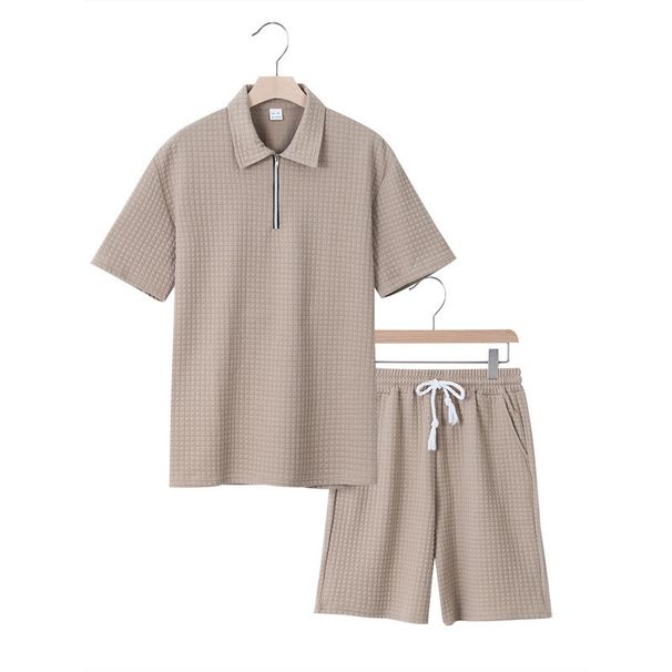 Men's Summer Casual Short Sleeve Polo Shirt & Shorts Set | Breathable Checkered Pattern | Relaxed Fit For Vacation & Daily Wear_viptrois.com