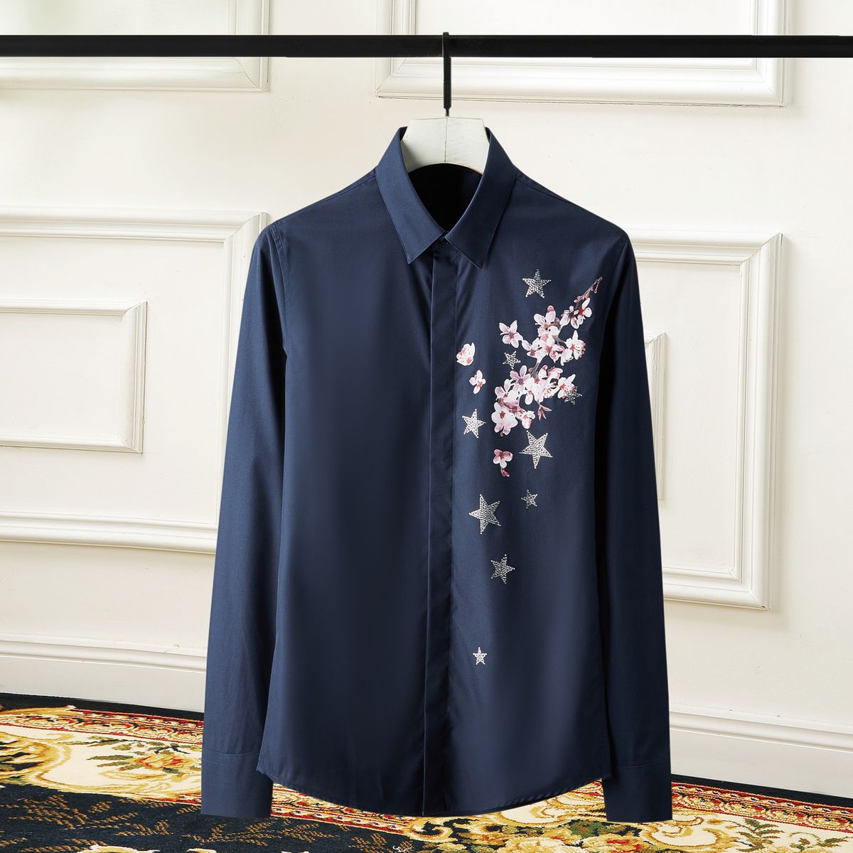 Men's Clothing Men's Trendy And Stylish Five Star Hot Stamped Rhinestone Plum Blossom Print Casual Shirt Brand Element_viptrois.com