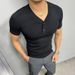 Light Mature Style Summer Short Sleeved Men's Henry V Neck Button Knitted Solid Color Breathable Fashion Casual Non Iron Regular T Shirt_viptrois.com