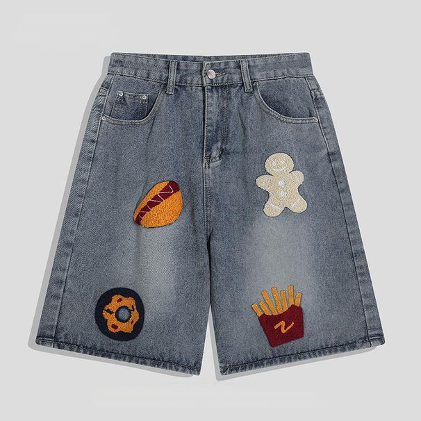 Men's Summer Thin Loose Denim Shorts High Street Style American Trendy And Cool Five Point Embroidery with Hamburger Fries Towel_viptrois.com