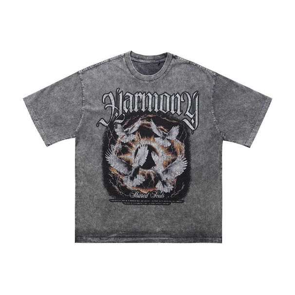 American-style Washed Distressed Gray Short-sleeve T-shirt For Women, Oversized Loose Half-sleeve Ins_viptrois.com