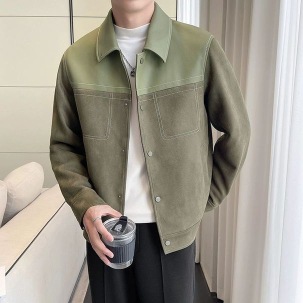 Premium PU Splicing Design Green Coat Men's Spring And Autumn Light Ripe Wind Lapel Tooling Suede Jacket Trendy Brand_viptrois.com