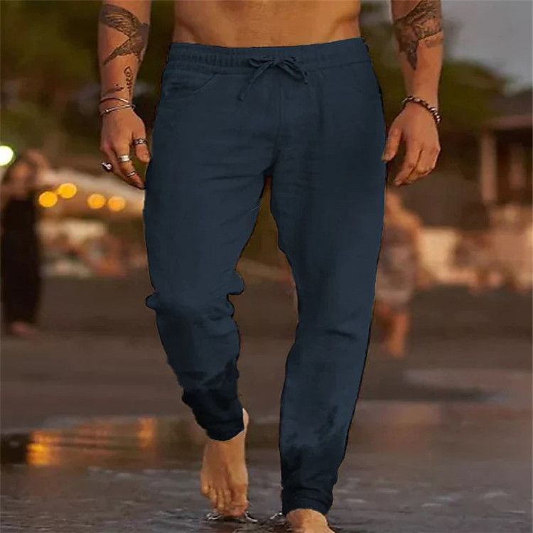 European And American New Men's Solid Color Drawstring Cotton Linen Loose Casual Beach Casual Pants_viptrois.com