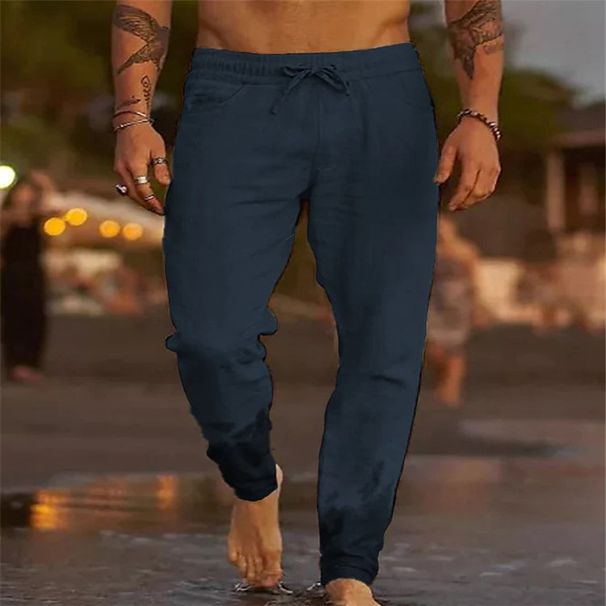 European And American New Men's Solid Color Drawstring Cotton Linen Loose Casual Beach Casual Pants_viptrois.com