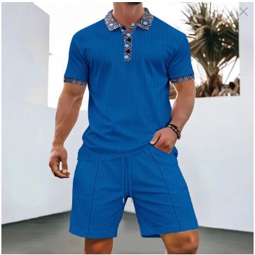 Men's Waffle Knit Short Sleeve Shirt & Shorts Set - Lapel Collar With Zipper Detail, Solid Color Casual Outfit_viptrois.com