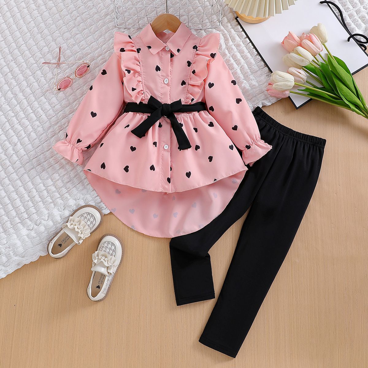 2024 Children's Clothing Cross Border Autumn New Girls' Fashion Long Shirt Dress With Belt Leggings Suit_viptrois.com