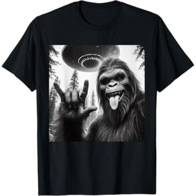 Camiseta De Algodón 100% Divertida Sasquatch Bigfoot Rock On Selfie Con OVNI Alien_viptrois.com