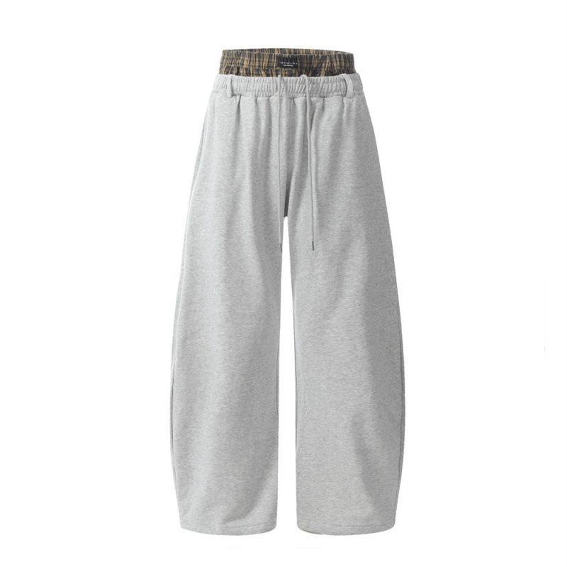 Men's Clothing Men's European And American Trendy Design Niche Loose Wide Leg Pants Double Waist Plaid Splicing Two Piece Casual Trousers_viptrois.com