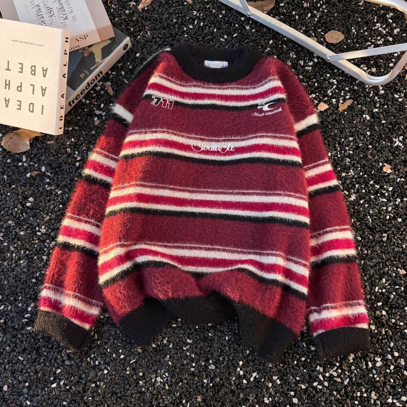 Autumn And Winter Warm Embroidered Striped Mink Fur Round Neck Sweater Pullover Knit Sweater_viptrois.com