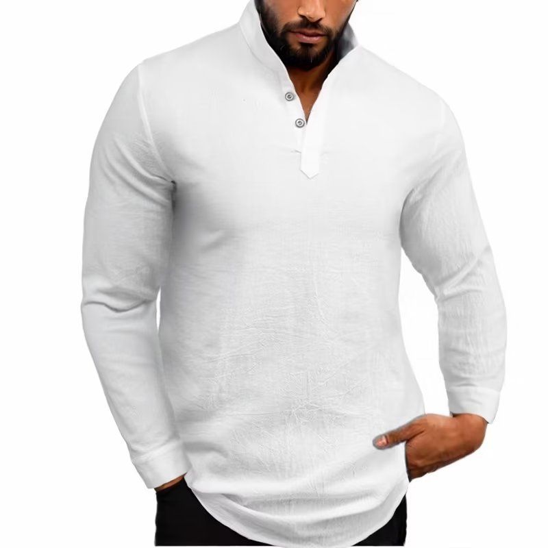 Men's Clothing Spring And Summer Thin Long Sleeved Shirt Casual Inch Clothing Stand Up Collar Polo Shirt Large Size Cotton And Linen Shirt Fat_viptrois.com
