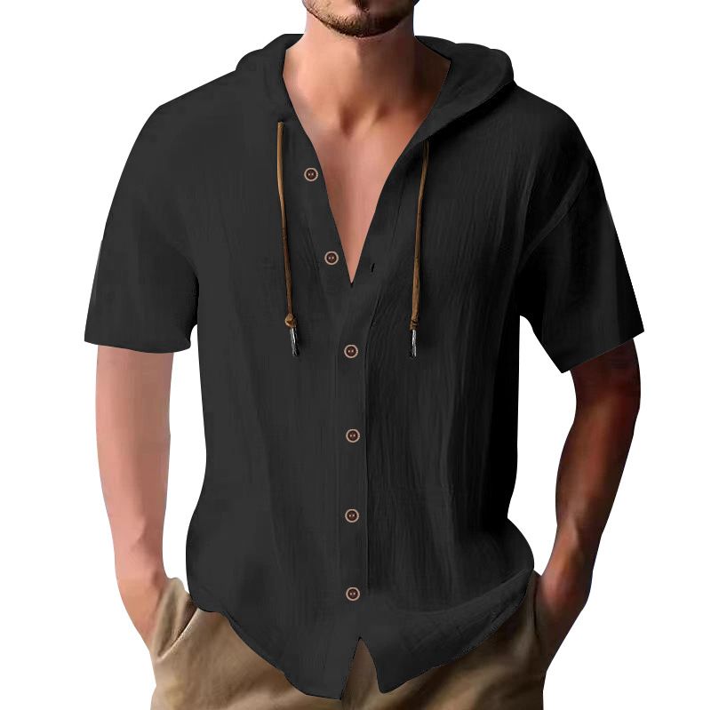 Men's Clothing Casual Short Sleeved Shirt Hooded Fashion Button Cardigan Shirt Trendy Loose Beach T Shirt_viptrois.com