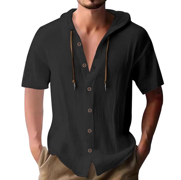 Men's Clothing Casual Short Sleeved Shirt Hooded Fashion Button Cardigan Shirt Trendy Loose Beach T Shirt_viptrois.com