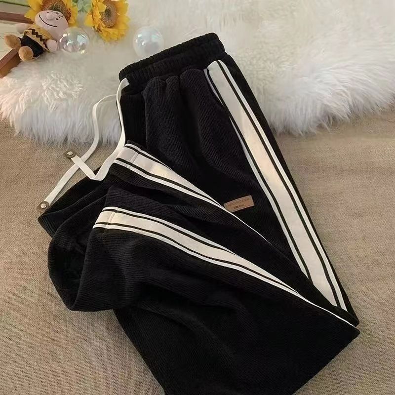 Men’s Corduroy Joggers With Side Stripes – Vintage Streetwear Sweatpants (Black/Grey/Beige, Mid-Rise, Drawstring, M-3XL)_viptrois.com