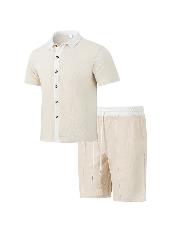 Men's Summer Casual Short-Sleeved Shirt Outdoor Beach Waffle Contrast Color American Style Short-Sleeved Suit Set_viptrois.com