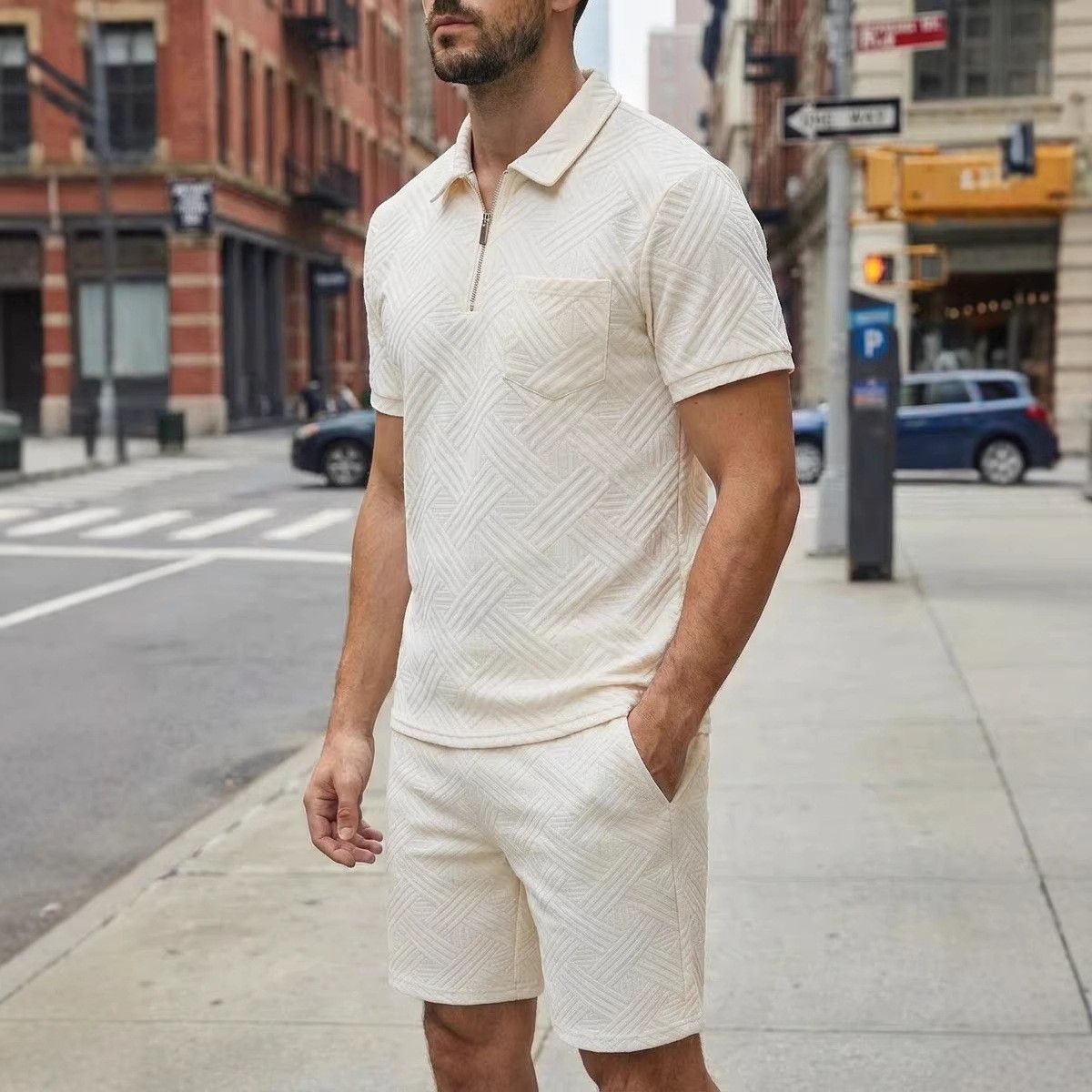 Men's Solid Jacquard Zip-Up Collar Short Sleeve Polo & Shorts Casual Set – Lightweight Summer Outfit With Chest Pocket_viptrois.com
