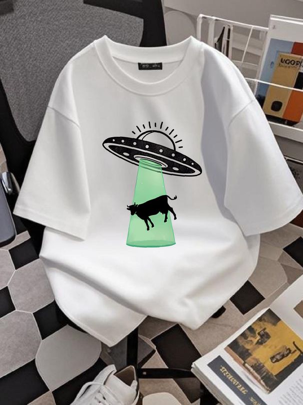 Cosmic Society UFO Alien Abduction T Shirt Youth Beam Flying Cow Toddler Comfortable Top For Everyday Wear Versatile Soft Graphic Summer_viptrois.com