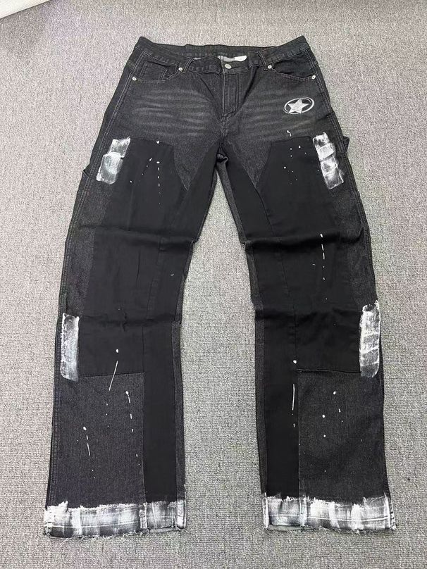 Men's Clothing Menswear Trendy Patchwork Distressed Washed Denim Cargo Pants With Hand Painted Finish And Y2K Star Logo._viptrois.com