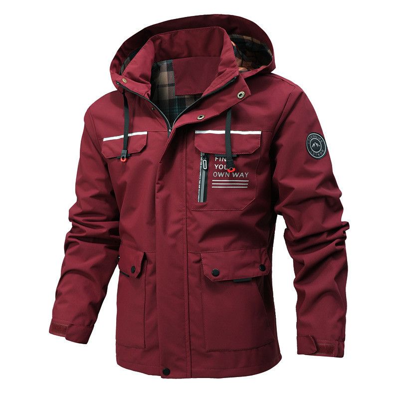 Men's Hooded Windbreaker Jacket, Casual Long Sleeve Printed Coat For Spring & Autumn, Breathable Outdoor Wear With Multiple Pockets_viptrois.com