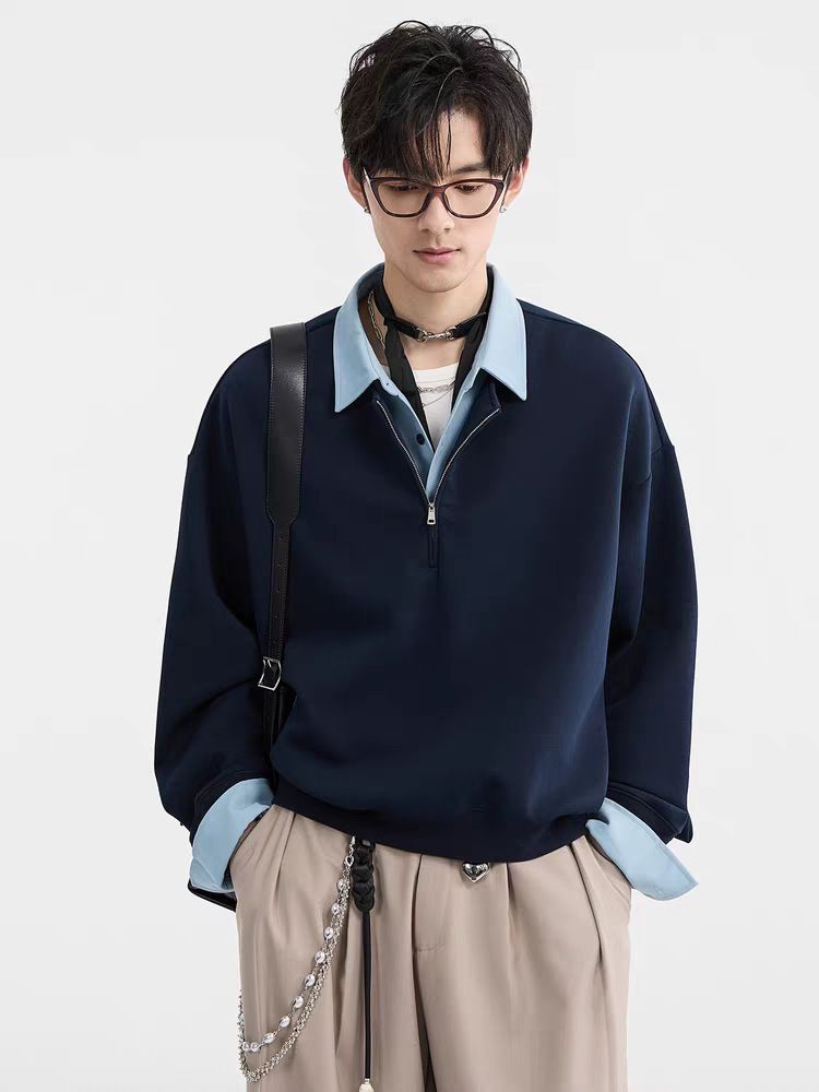 Men's Trendy Color Block Long Sleeve Polo Shirt Hong Kong Style Embroidered Retro Loose Fit Half Zip Sweatshirt_viptrois.com