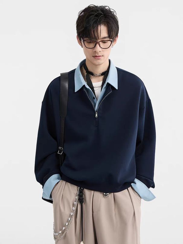 Men's Trendy Color Block Long Sleeve Polo Shirt Hong Kong Style Embroidered Retro Loose Fit Half Zip Sweatshirt_viptrois.com