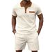 Men's Waffle Knit Short Sleeve Shirt & Shorts Set - Lapel Collar With Chest Pocket, Breathable Summer Matching Outfit_viptrois.com