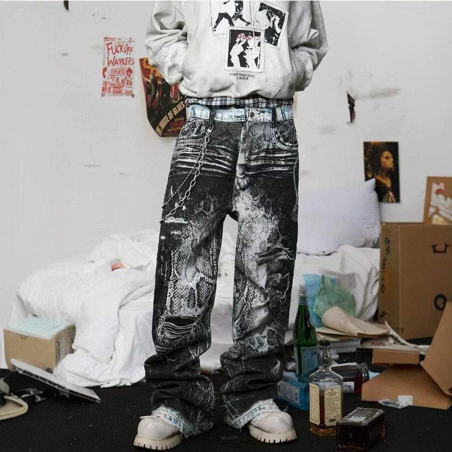 Men's Clothing American Street High Street Retro Snake Pattern Digital Print Jeans Men And Women Spring And Autumn Trendy Personality_viptrois.com