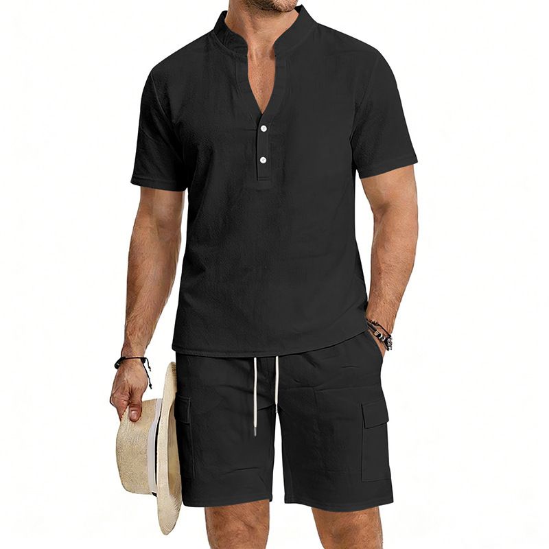 Men's Linen Blend Short Sleeve Henley And Shorts Set - Breathable Workwear Style Summer Outfit, Relaxed Fit Casual Two-Piece_viptrois.com