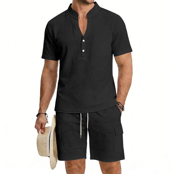 Men's Linen Blend Short Sleeve Henley And Shorts Set - Breathable Workwear Style Summer Outfit, Relaxed Fit Casual Two-Piece_viptrois.com