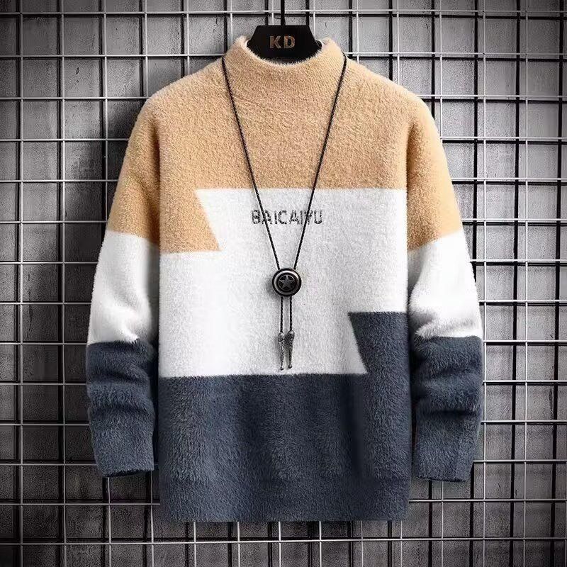Men's Clothing sweater for men, half turtleneck thick bottoming sweater for junior high school and high school students, mink fleece sweater_viptrois.com