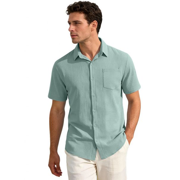 Men's Business Casual Short Sleeve Shirt Solid Color Lapel Button Down Plus Size For Summer_viptrois.com