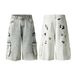 Men's Clothing Street Personality Pocket Distressed Stitching Wide Leg Jeans Washed Distressed Wide Cartoon Loose Print Wide Leg Pants_viptrois.com
