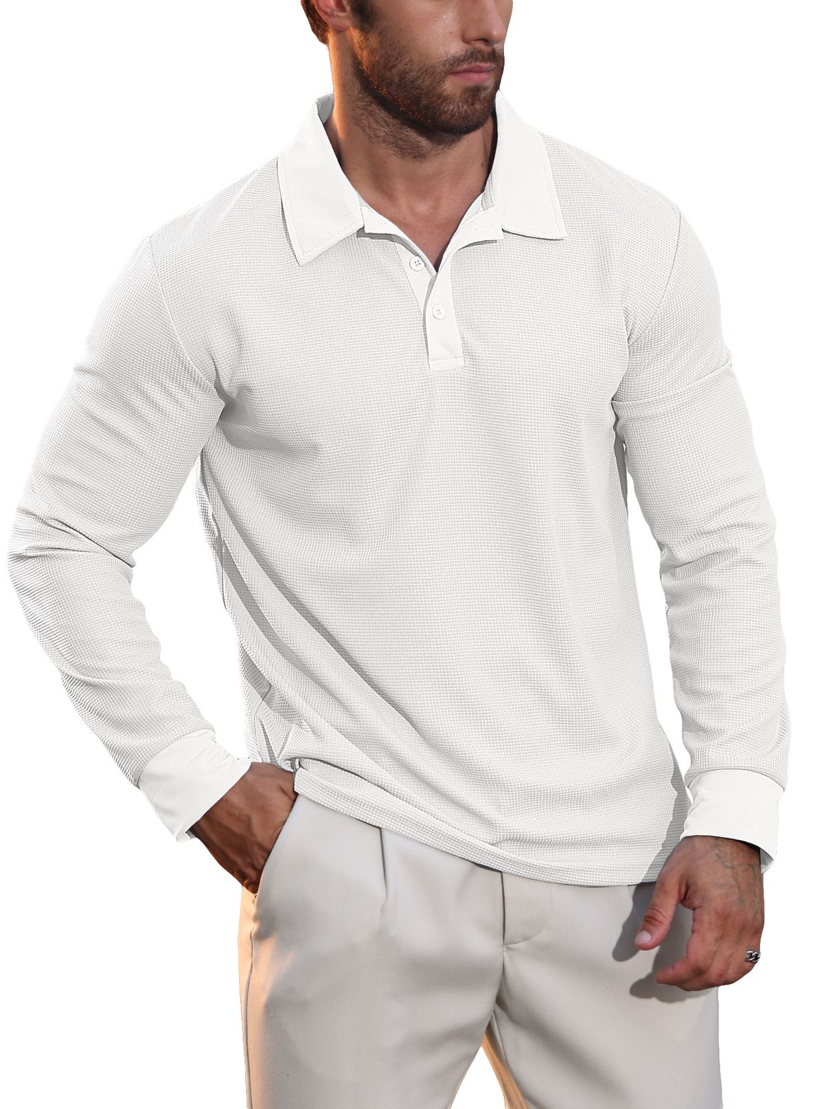 Men's Waffle Knit Polo Shirt - Long Sleeve Casual T-Shirt For Autumn, Comfortable & Stylish_viptrois.com