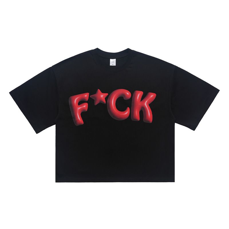 Autumn American Style Abstract Letter Print Sleeve T-Shirt Unisex Loose Drop Shoulder Versatile Short Top_viptrois.com