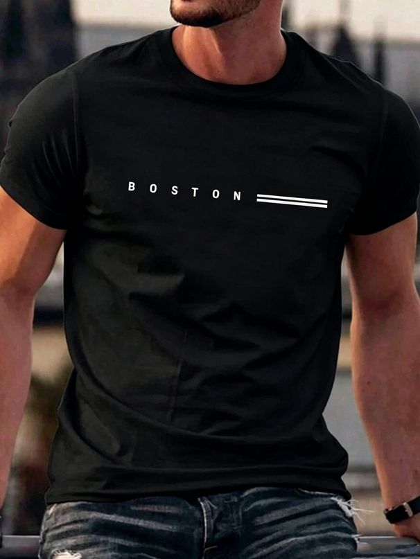 Men's Summer Casual Fashion Short Sleeve T Shirt, American Simple Paris/BOSTON Striped Print Crew Neck T Shirt_viptrois.com