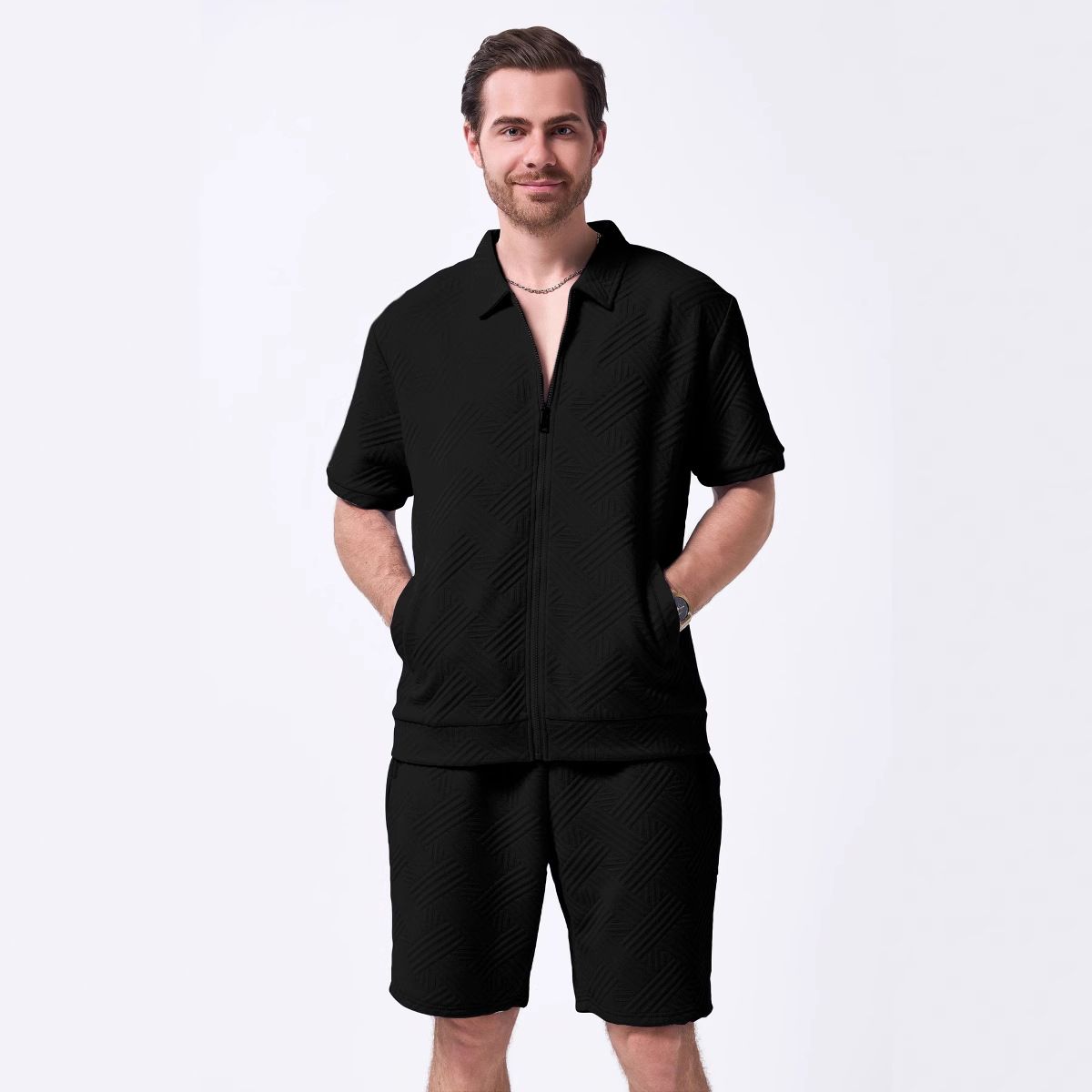 Men’s Clothing Summer New Men's Simple Casual Jacquard Short Sleeved Zipper Cardigan Jacket Shorts Suit_viptrois.com