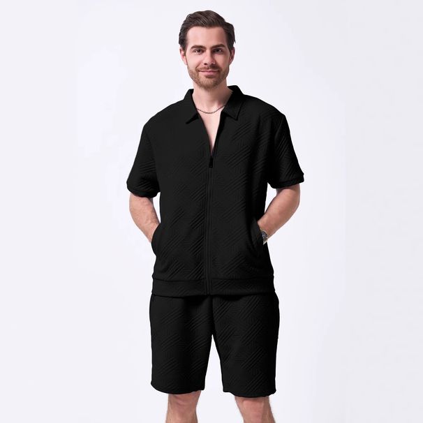 Men’s Clothing Summer New Men's Simple Casual Jacquard Short Sleeved Zipper Cardigan Jacket Shorts Suit_viptrois.com