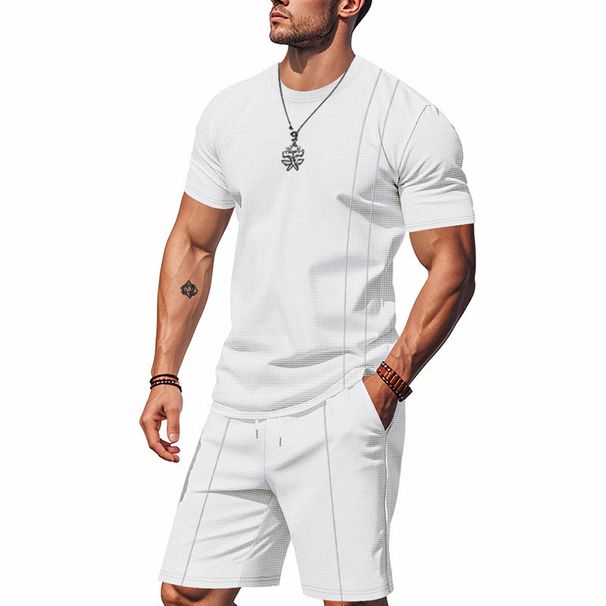 Men's Waffle round Neck Summer Suit Loose Fit Simple Short Sleeve Top with Shorts Casual Ins Style Clothing Set_viptrois.com