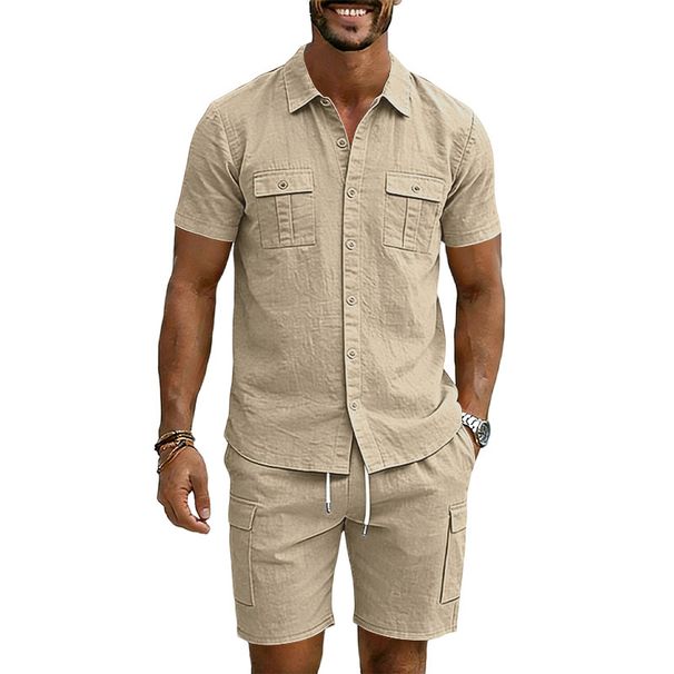 Men's Solid Color Collared Shirt Summer Sporty Casual Short Sleeved With Multiple Pockets New Suit_viptrois.com