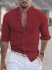 Men's Clothing 2025 New Solid Color Linen Stand Collar Cardigan Long Sleeve Loose Men's Shirt_viptrois.com