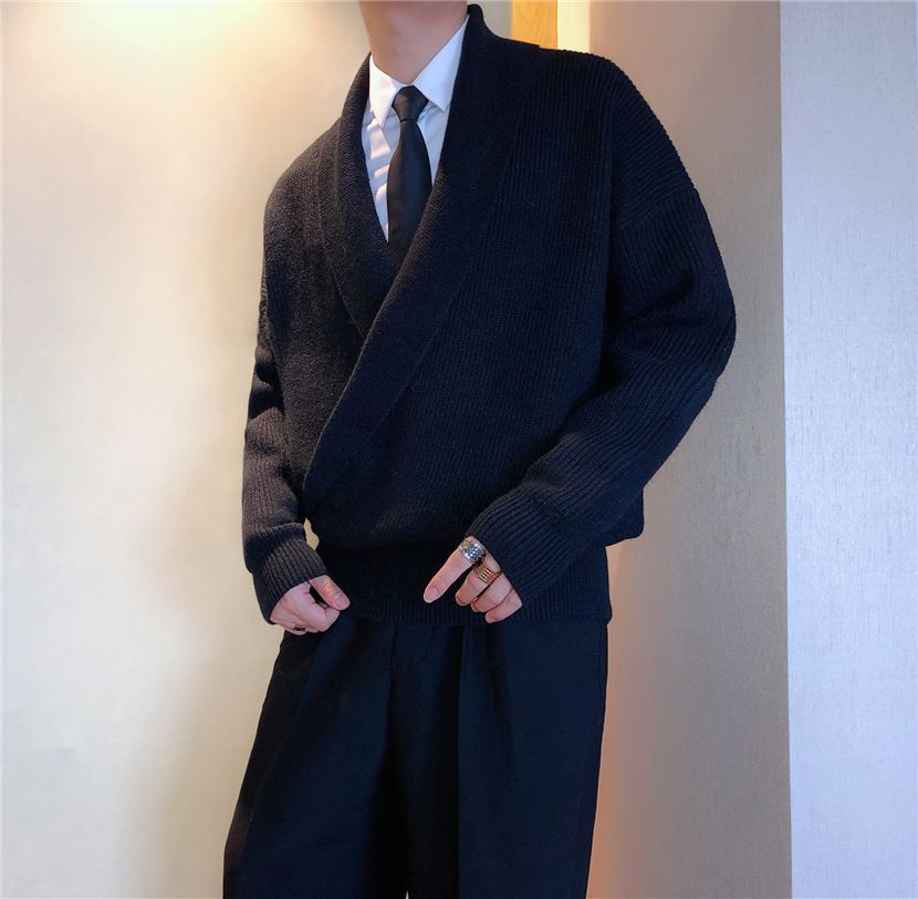 Autumn And Winter Solid Color Large V Neck Drape Personality Sweater Men's Loose Lazy Style Casual Knitted Sweater Jacket_viptrois.com