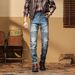 Western denim trousers retro motorcycle stretch jeans cycling spliced trousers_viptrois.com